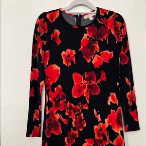 Michael Kors Red and Black Floral Long Sleeve Dress